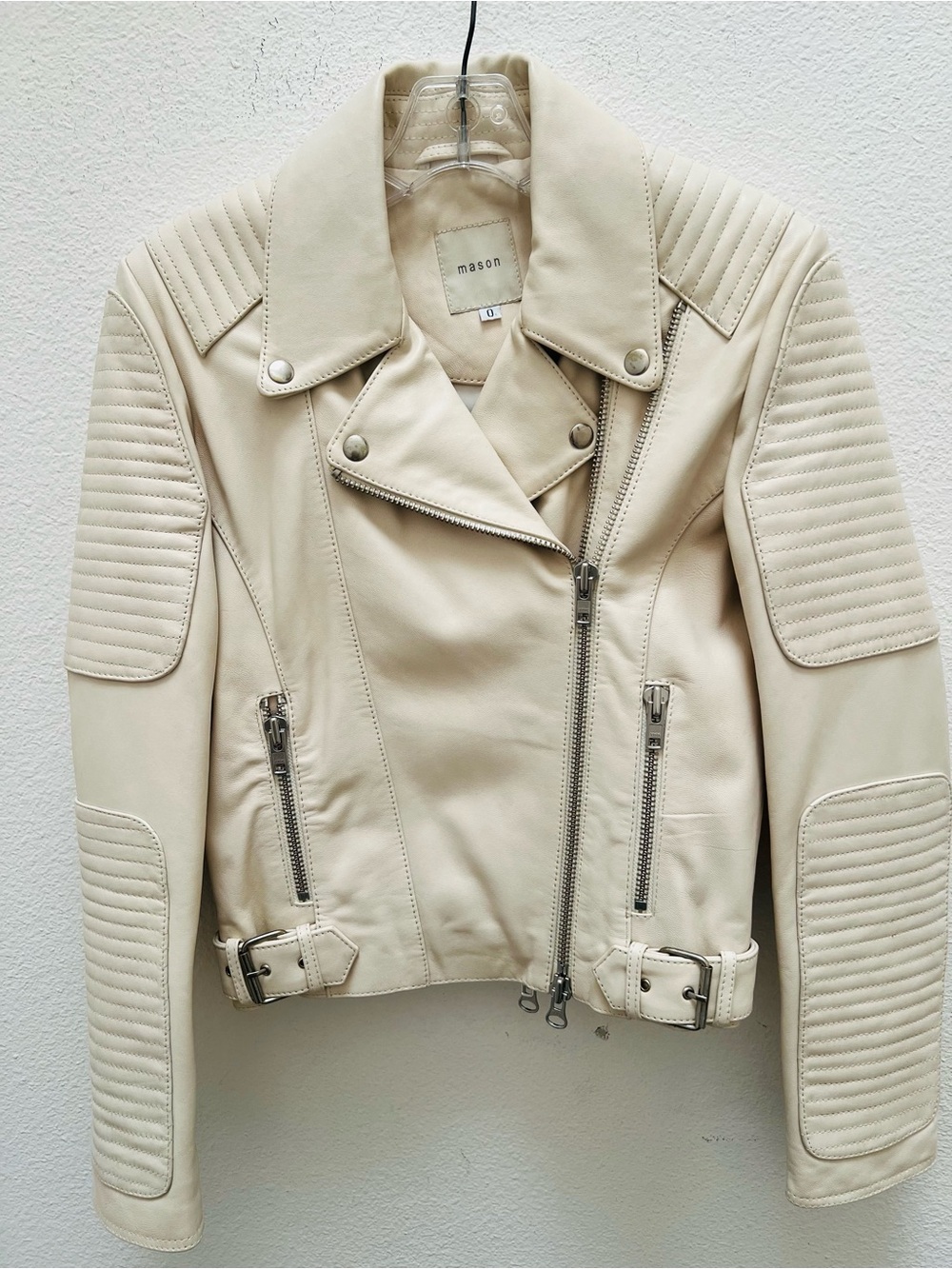 Michelle Mason Cream Leather Moto Jacket with Quilted Sleeve Panels